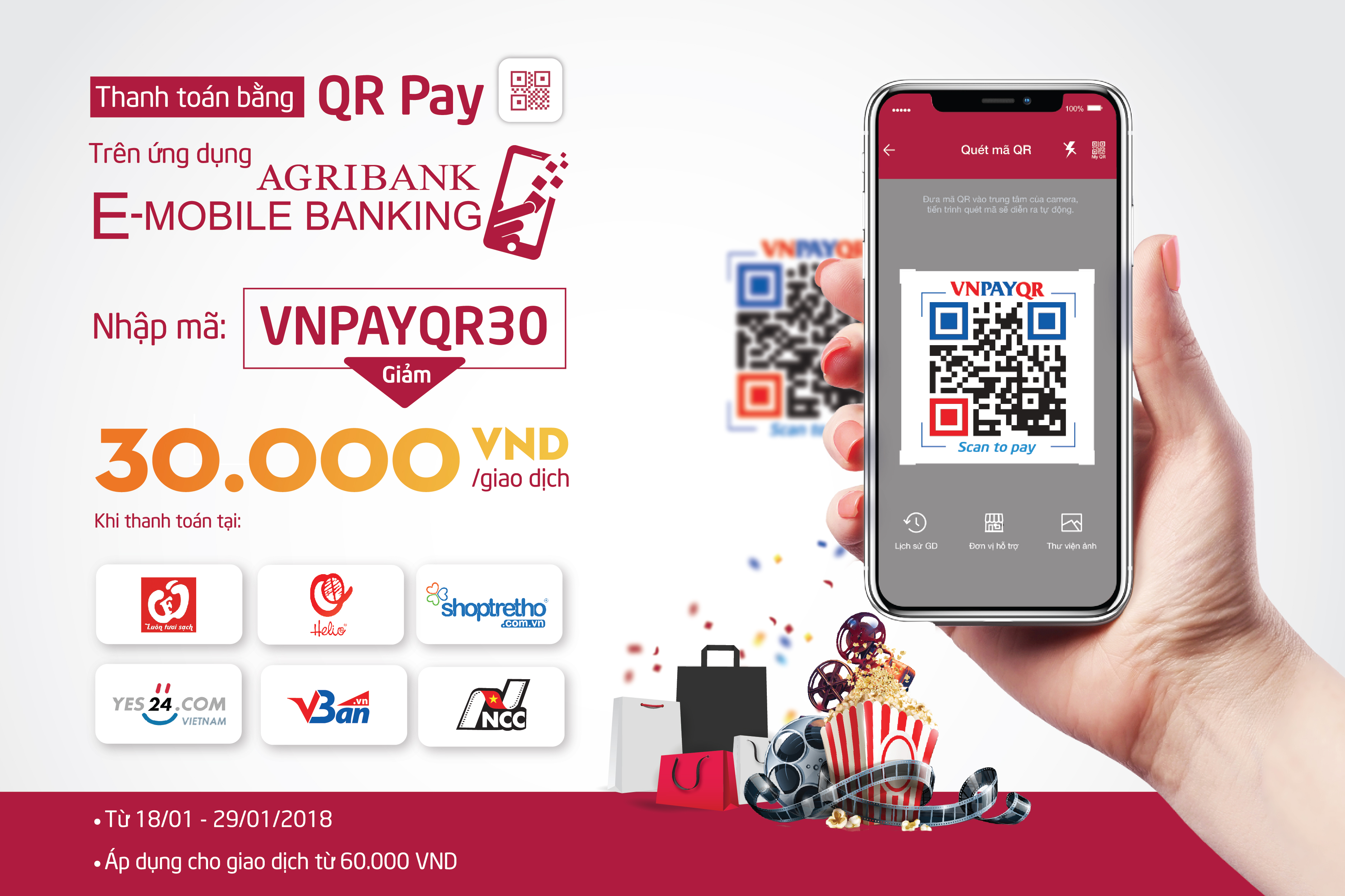 Tặng ngay 30,000 VND/ giao dịch khi thanh toán bằng QR Pay trên ứng dụng Agribank E-Mobile Banking