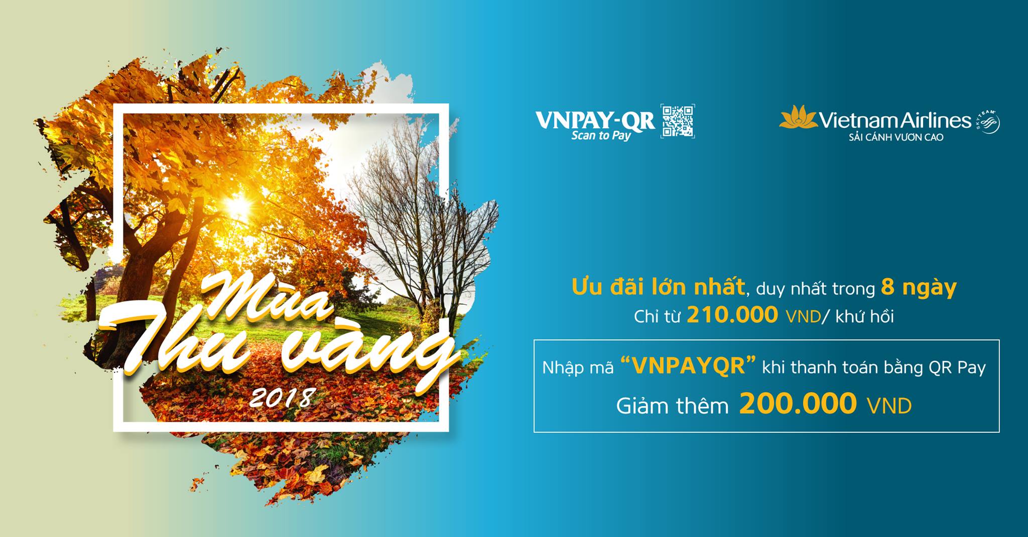 Mùa thu vàng - Bạt ngàn ưu đãi khi thanh toán vé Vietnam Airlines bằng QR Pay trên ứng dụng Mobile Banking