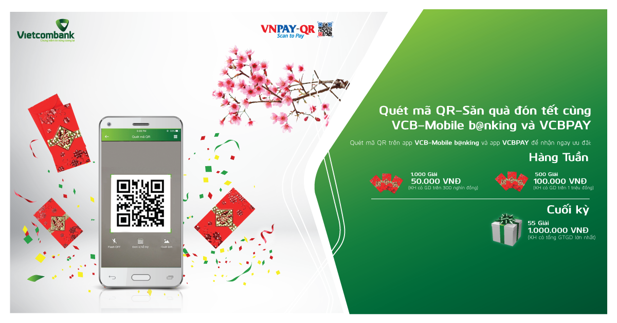 Hàng ngàn quà tặng dành cho khách hàng thực hiện giao dịch thanh toán bằng mã QR trên ứng dụng VCB-Mobile B@nking và VCBPAY