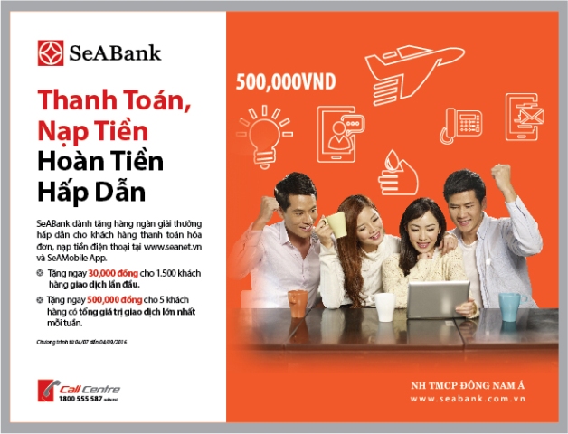 SeABank khuyến mại cho khách hàng nạp tiền, thanh toán hóa đơn